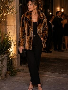 Cache Faux Fur Brown Coat Women's Medium Fancy Event Occasion Formal Party
